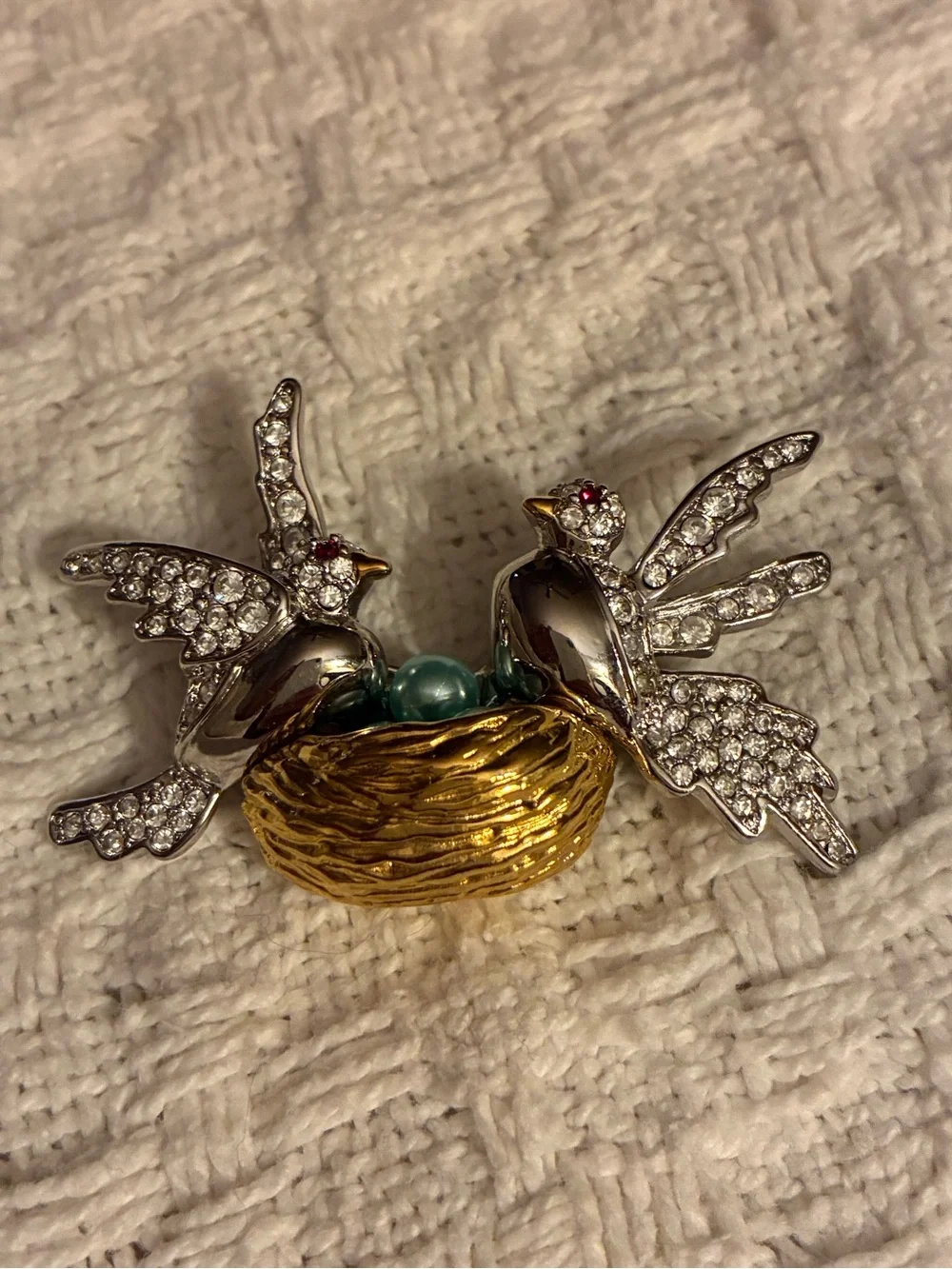 Joan Rivers Silver Crystal Birds with Gold Nest and Teal Beads Brooch